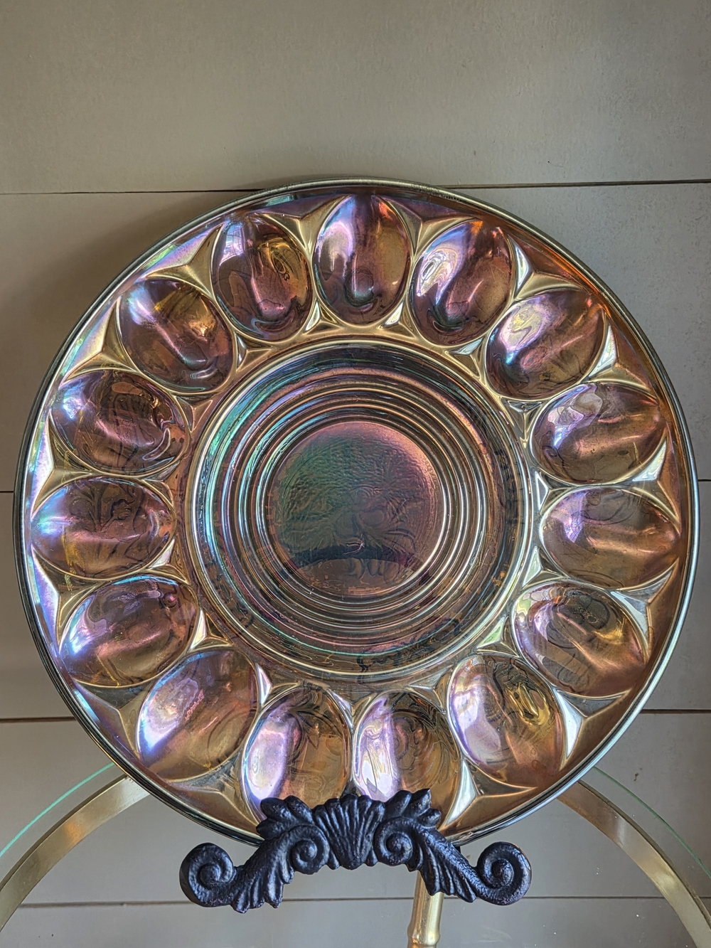 MeKee Rock Crystal Carnival Glads Iridescent Pink Glass Deviled Egg Platter